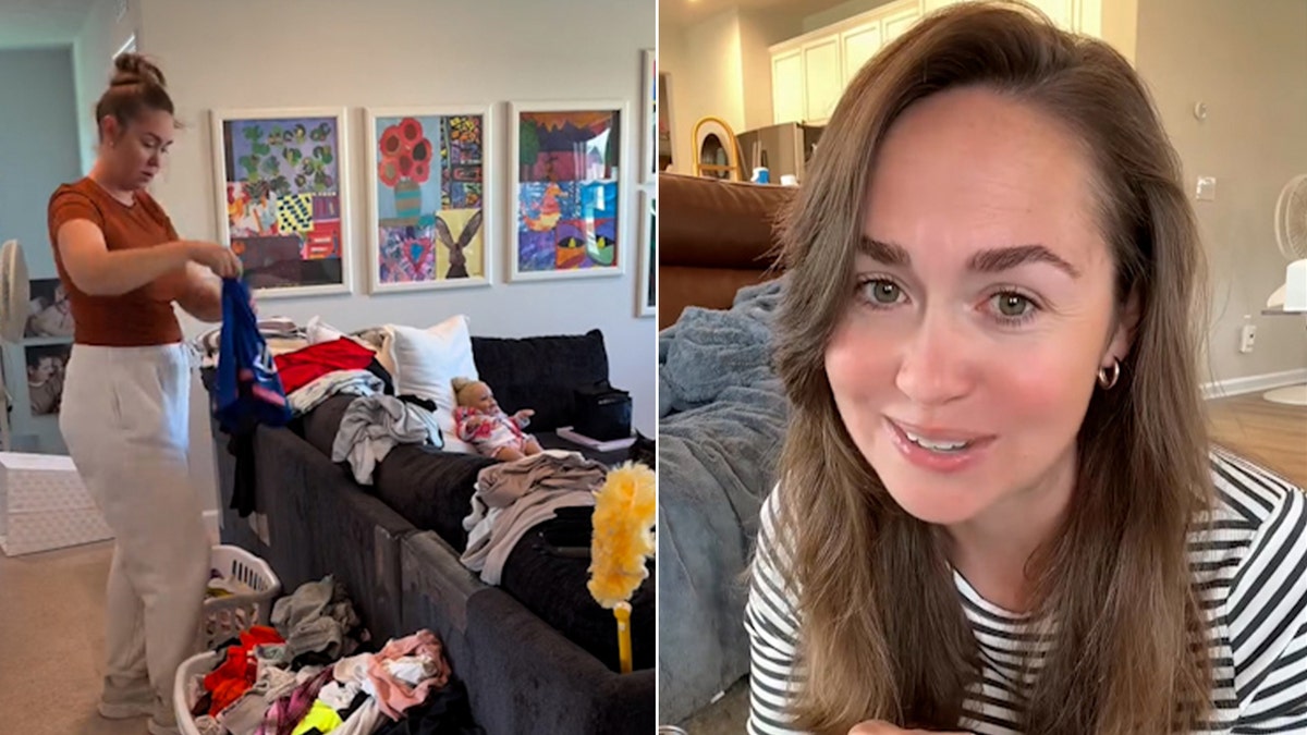 Split photo of Natalie Folino doing laundry and her speaking to camera.