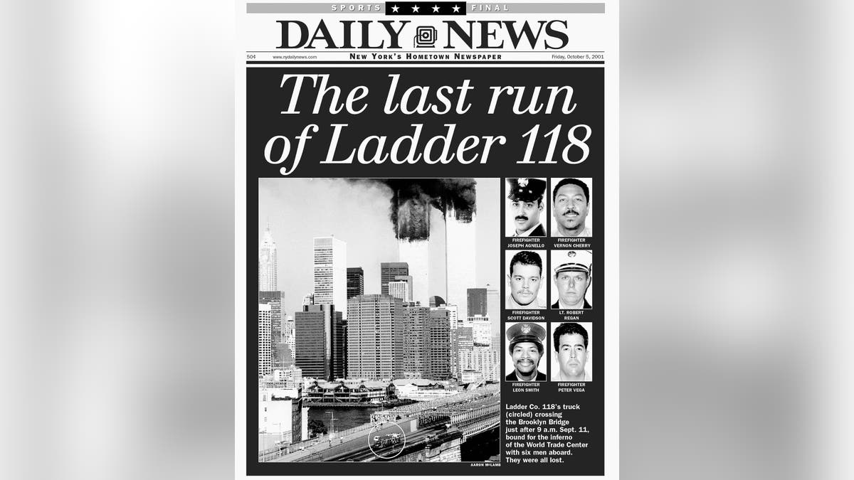 A cover of the New York Daily News featuring the Ladder 118 firefighters and famous truck photo.