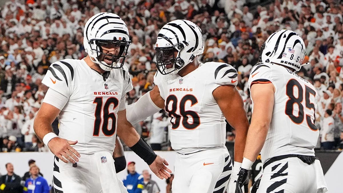 Joe Flacco with his Bengals teammates