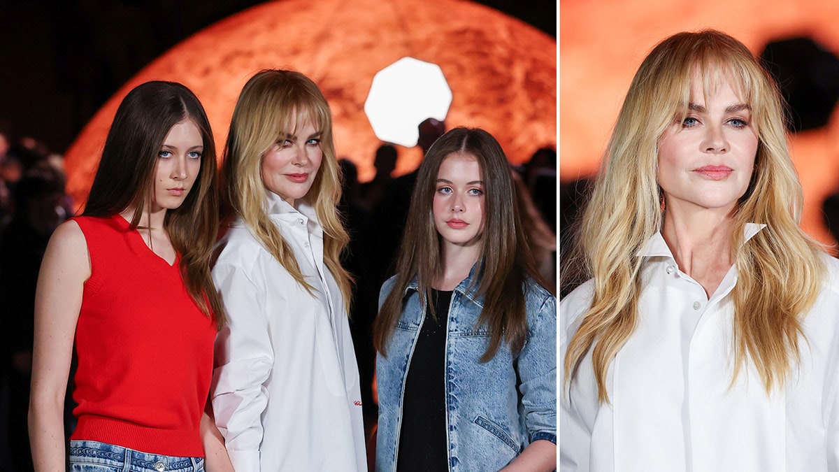 Split photo of Nicole Kidman poses with her daughters, Sunday Rose Kidman Urban and Faith Margaret Kidman-Urban, at the Chanel Womenswear Spring/Summer 2026 show during Paris Fashion Week.
