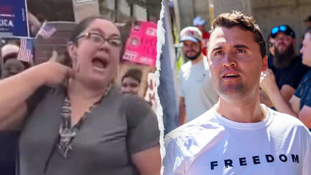 Split of Charlie Kirk and a protester who mocked his death