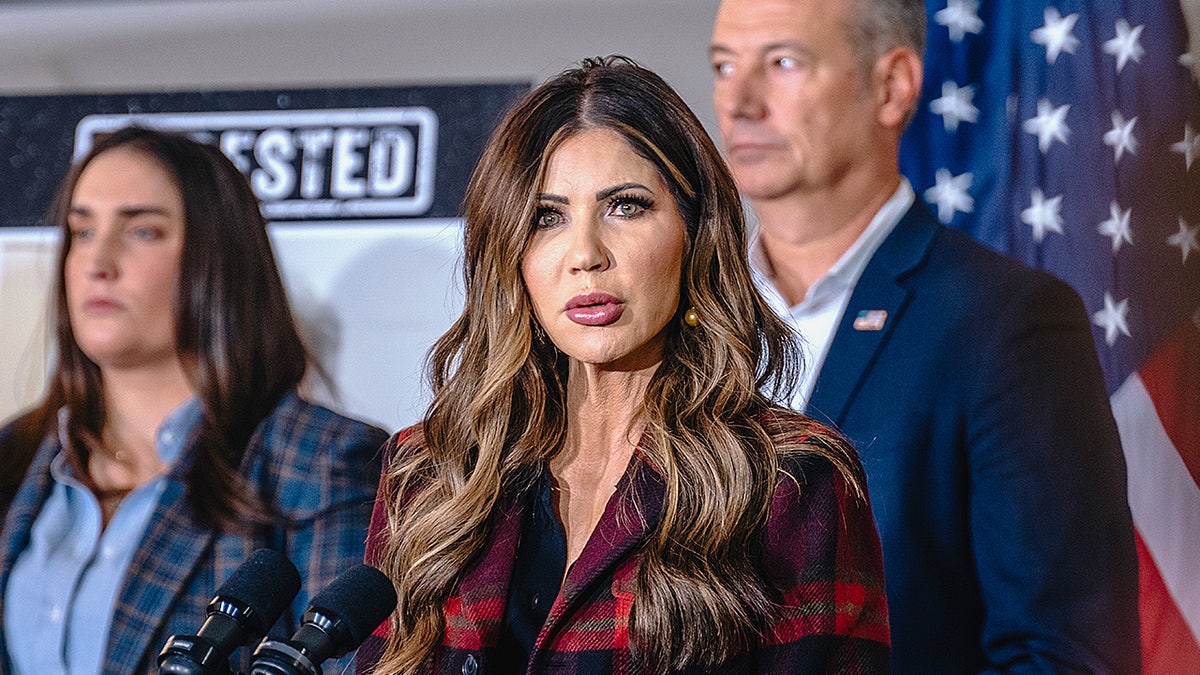U.S. Secretary of Homeland Security Kristi Noem speaks at a press conference in Gary, Indiana, about new immigration enforcement policies.