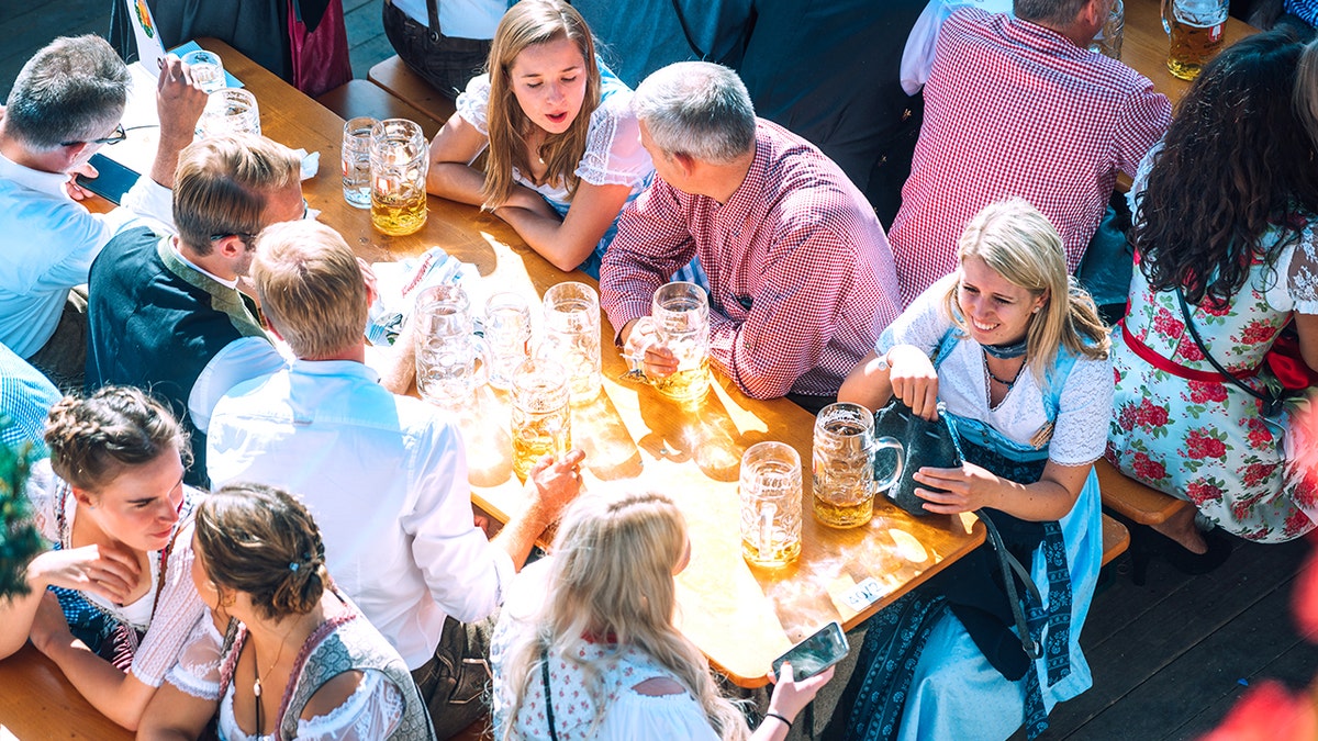 Aerial view of family enjoying beer garden