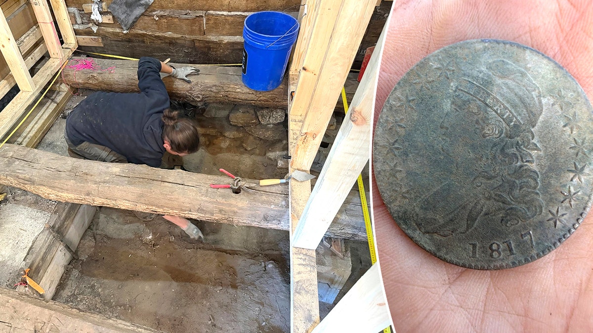 Split image of archaeologist working beneath floorboards, coin