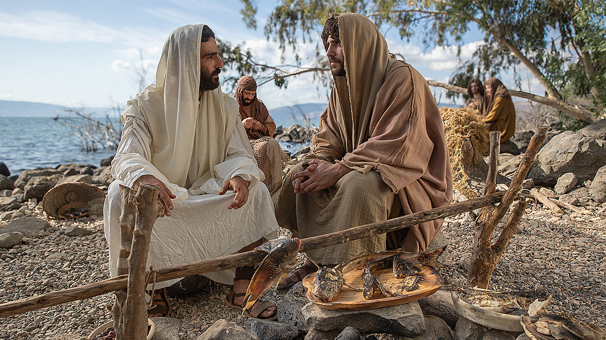 Production still showing Jesus and Peter in New Testament documentary, "Oracles of God"
