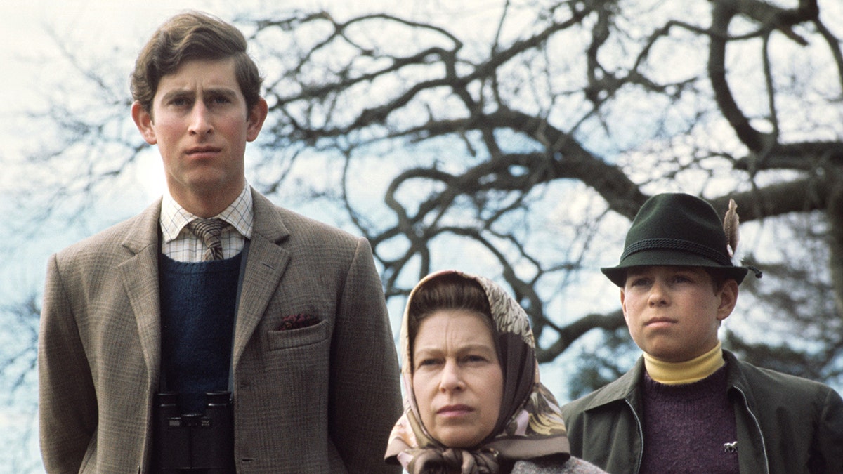 Prince Charles standing above Queen Elizabeth and his little brother Prince Andrew outdoors.