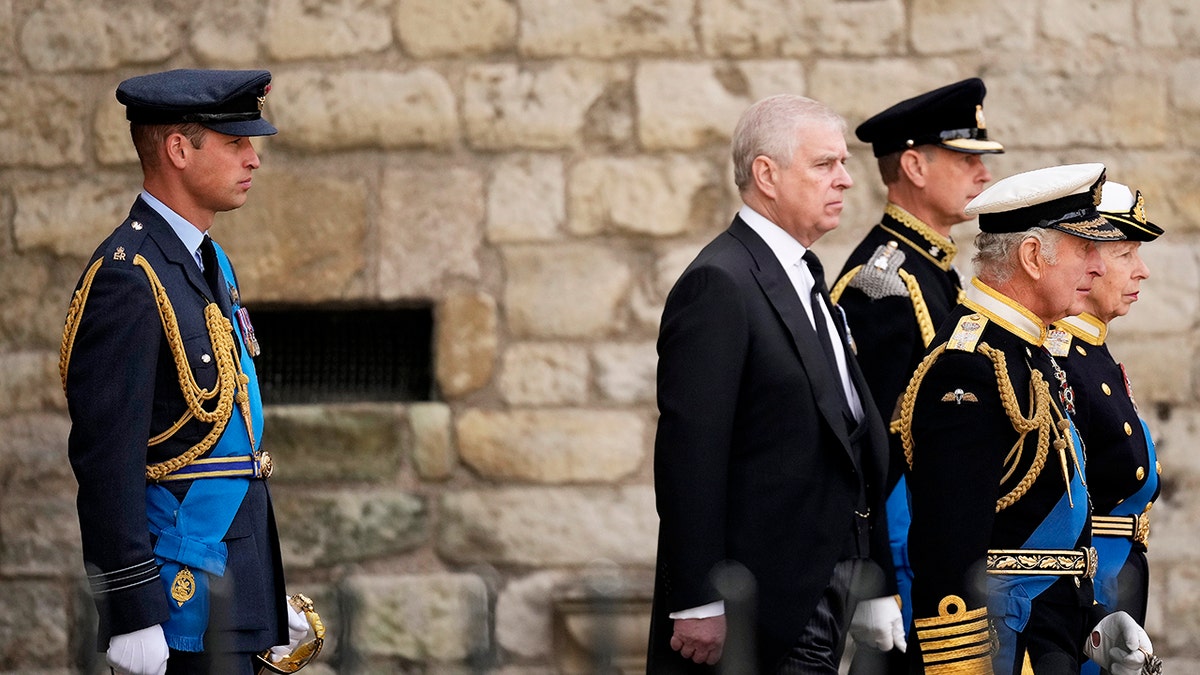 Prince William standing behind his royal relatives in his military gear looking stern.
