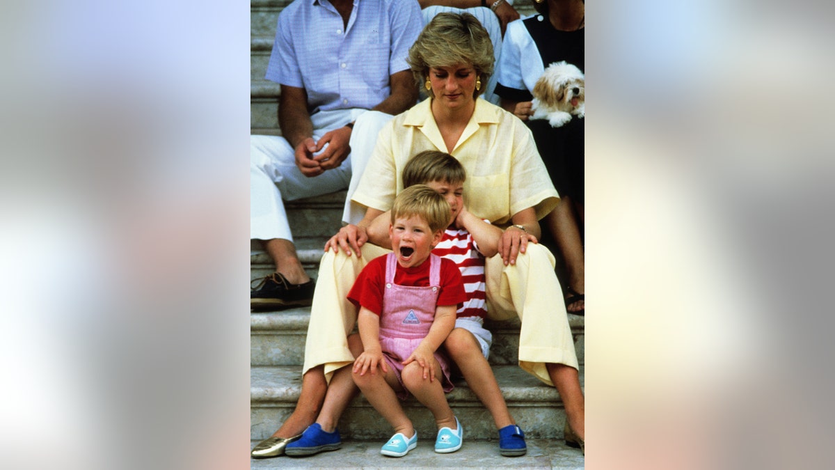Princess Diana looking down as she sits in front of her sons Prince William and Prince Harry.