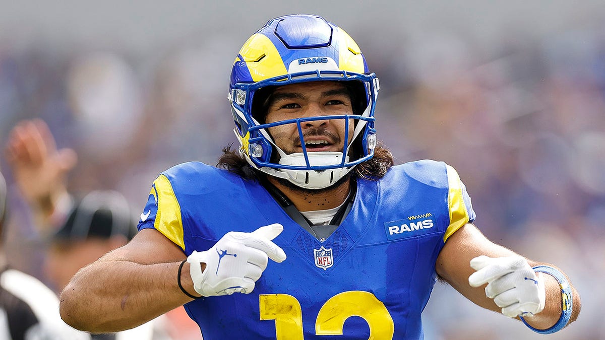 Puka Nacua reacts on field
