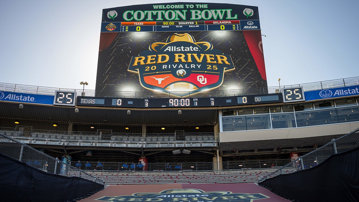 Scoreboard in the end zone before a college football game