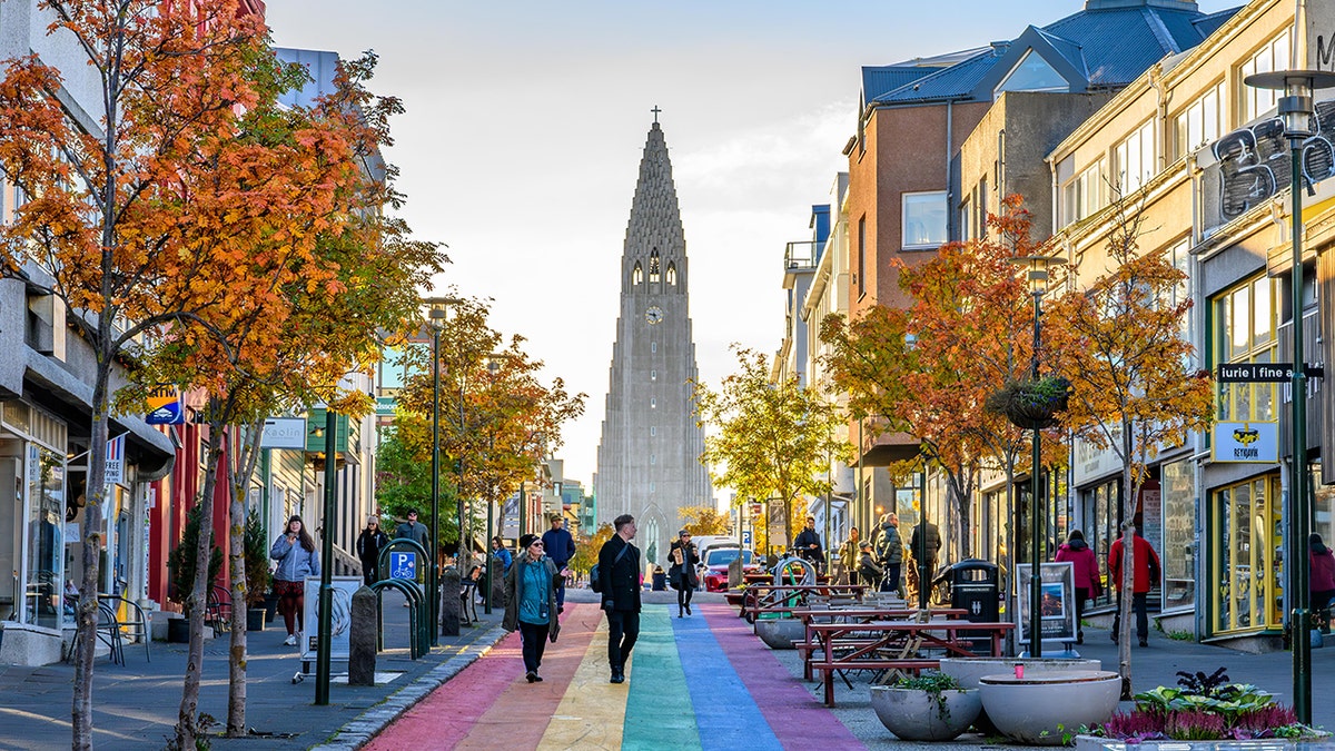 reykjavik iceland rainbow street leading to cathedral
