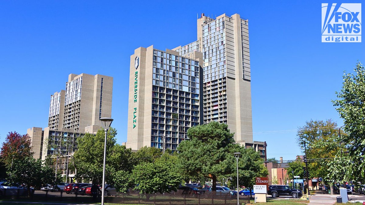 Riverside Plaza towers against blue sky in Minneapolis