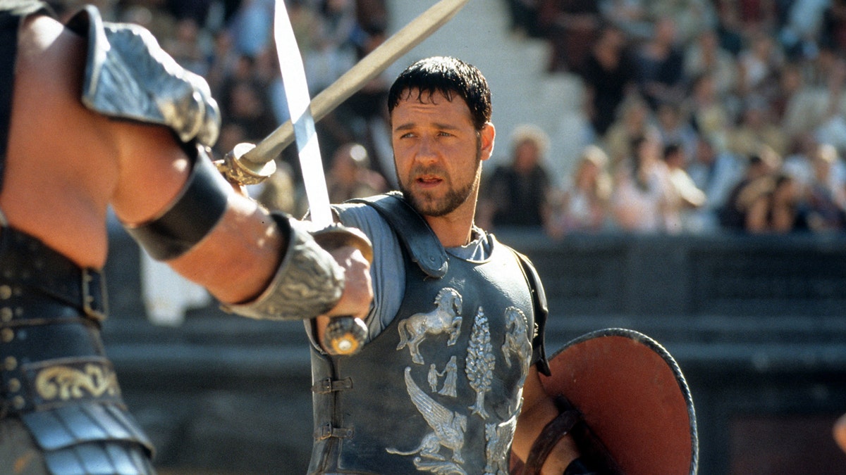 Russell Crowe works on set in a scene from "Gladiator"