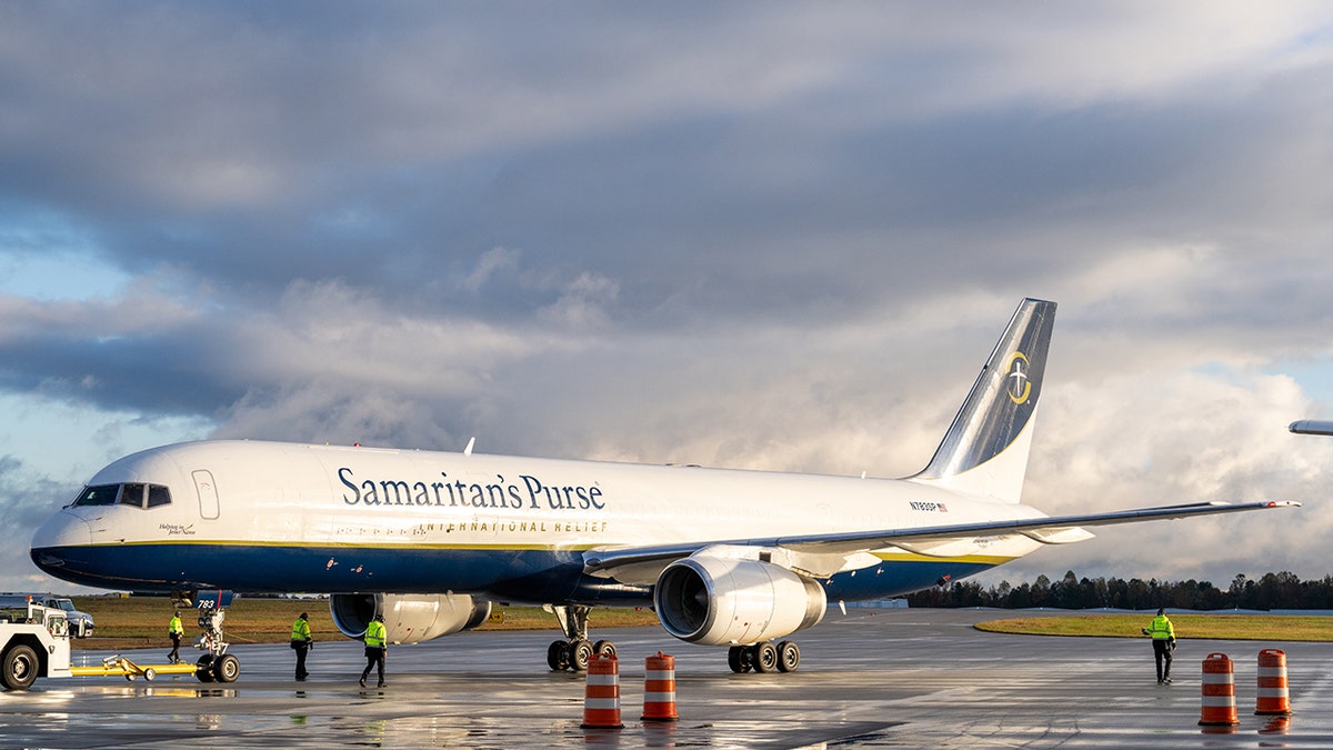 Samaritan’s Purse relief plane on tarmac before Jamaica flight.