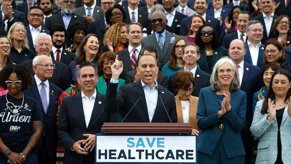 House Minority Leader Hakeem Jeffries (D-N.Y.), joined by fellow House Democrats, speaks at a press conference outside of the U.S. Capitol Sept. 30, 2025, in Washington, DC.
