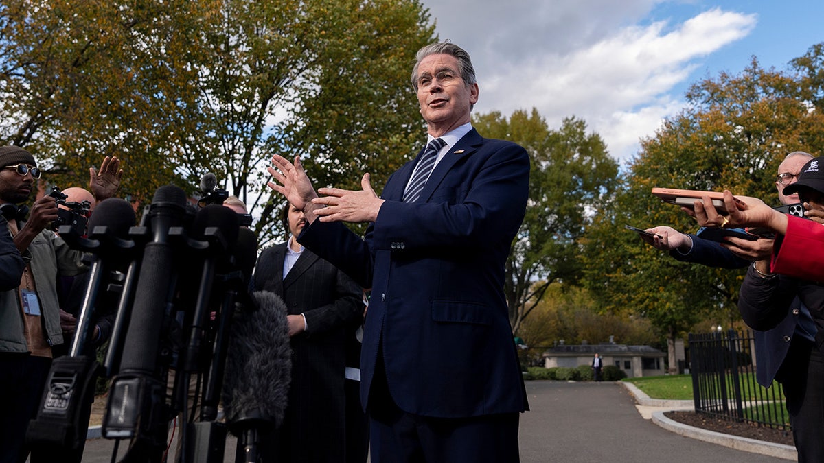 Treasury Secretary Scott Bessent speaks with reporters at the White House, Wednesday, Oct. 22, 2025.