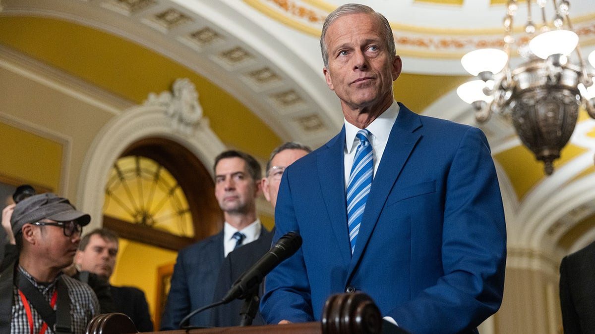 Senate Majority Leader John Thune, R-S.D., outside of the Senate chamber.
