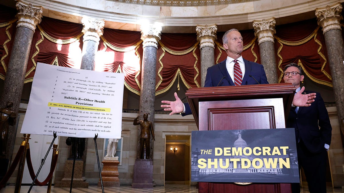 Senate Majority Leader John Thane, Rs.d., in Statuary Hall at the Capitol With House Speaker Mike Johnson, R-LA.