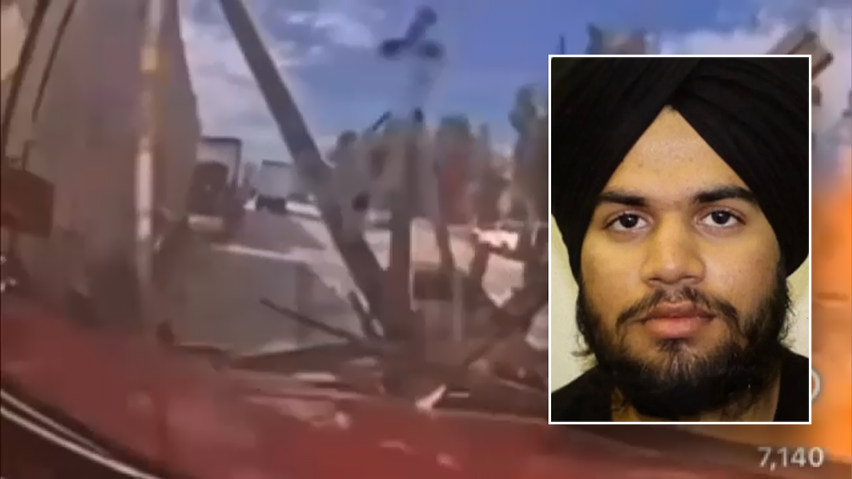A mugshot of Jashanpreet Singh, wearing a turban with a beard, inset over dashcam imagery of a fiery crash he is accused of causing