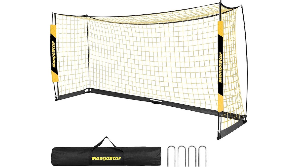 This portable soccer goal can be set up in minutes – and stretches to 12 feet.
