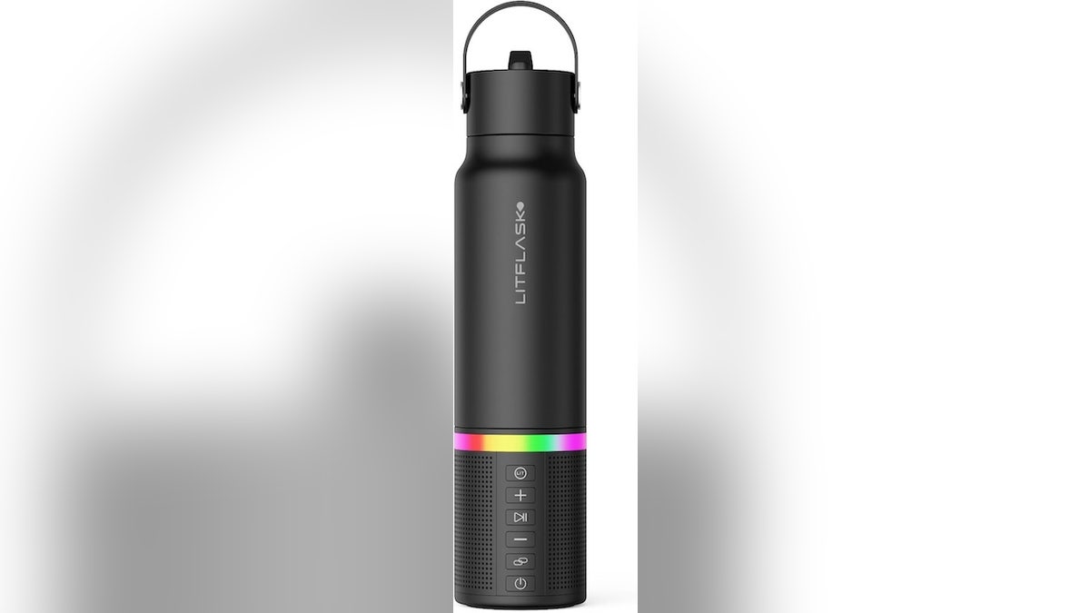 A water bottle, speaker and charger, all in one package.