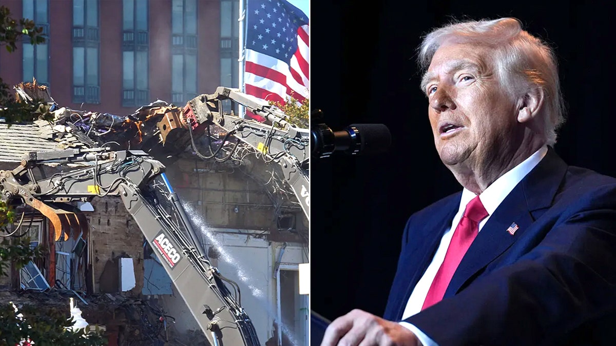 A split image of White House renovations (L) and President Trump (R)