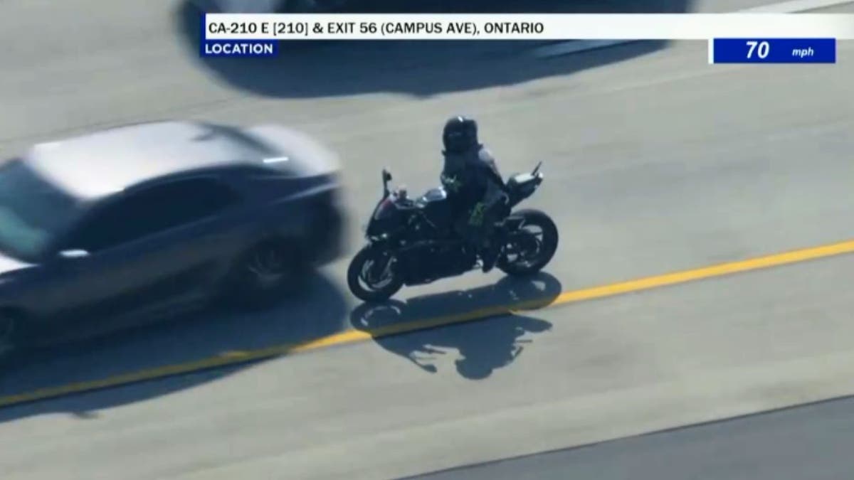 Motorcycle suspect seen speeding along 210 Freeway during police chase in California.