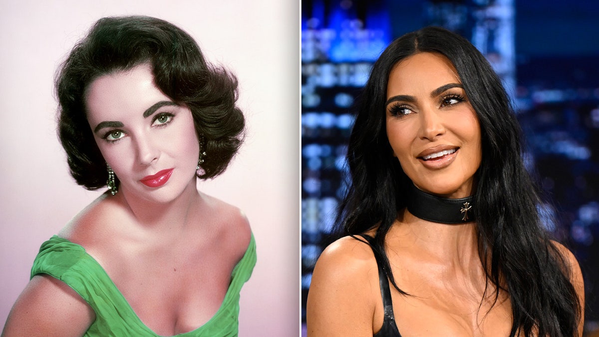 A side by side image of Elizabeth Taylor in 1955 with a picture of Kim Kardashian on 'The Tonight Show'
