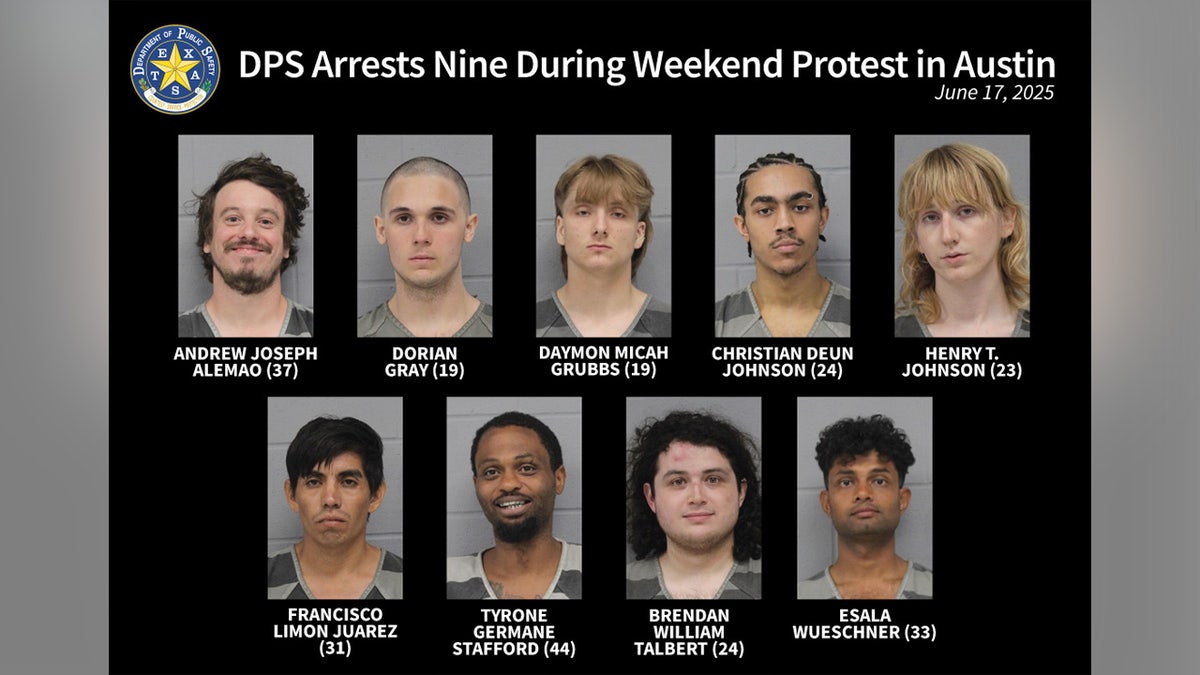 All nine individuals — Andrew Joseph Alemao, Dorian Gray, Daymon Micah Grubbs, Christian Deun Johnson, Henry T. Johnson, Francisco Limon Juarez, Tyrone Germane Stafford, Brendan William Talbert, and Esala Wueschner — are shown in booking photos.