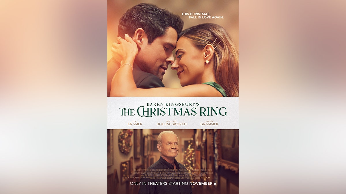 A promotional shot of Jana Kramer, Benjamin Hollingsworth and Kelsey Grammer for "The Christmas Ring."