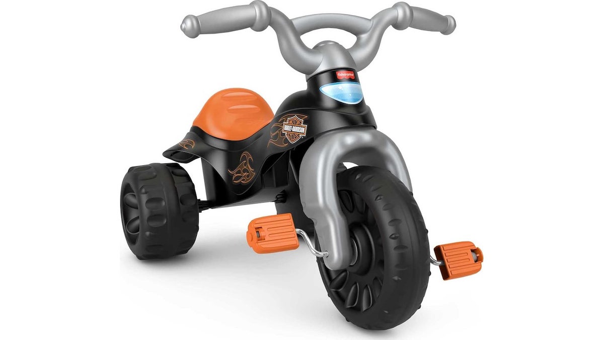 This tricycle features cool Harley-Davidson colors and graphics. 