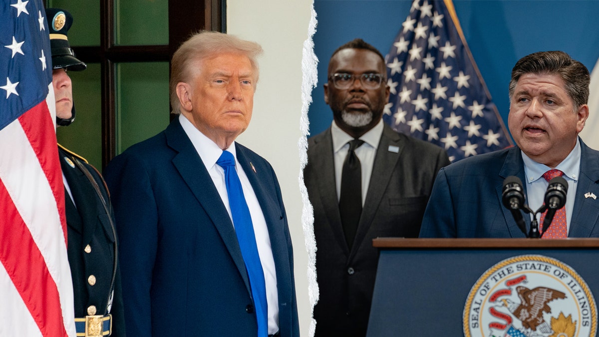President Donald Trump, Chicago Mayor Brandon Johnson and Illinois Governor JB Pritzker