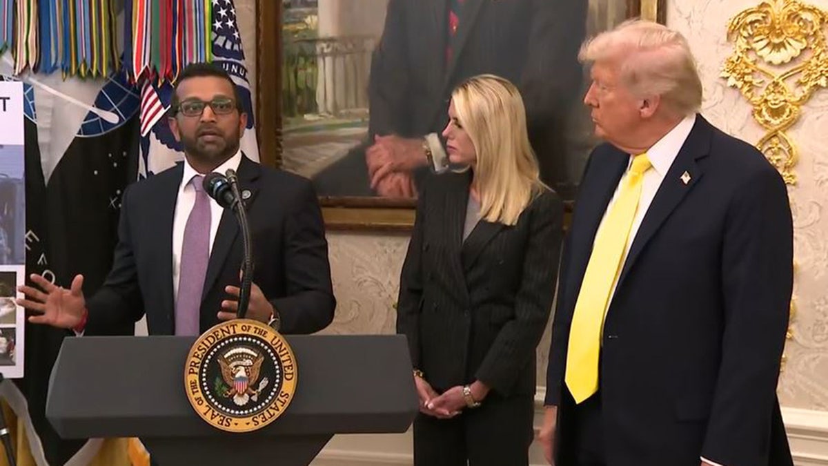FBI Director Kash Patel; Attorney General Pam Bondi; President Donald Trump, Oval Office, White House, Wednesday, Oct. 15, 2025.