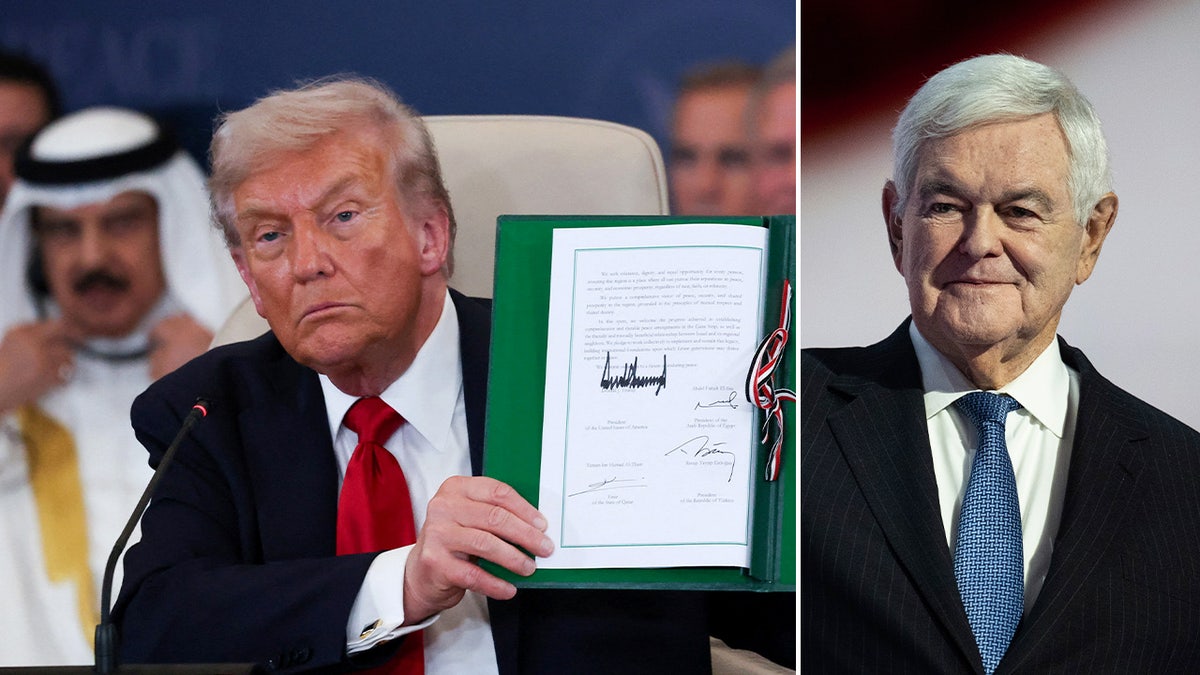 President Donald Trump holding Israel-Hamas peace deal on the left, and an image of former House Speaker Newt Gingrich on the right