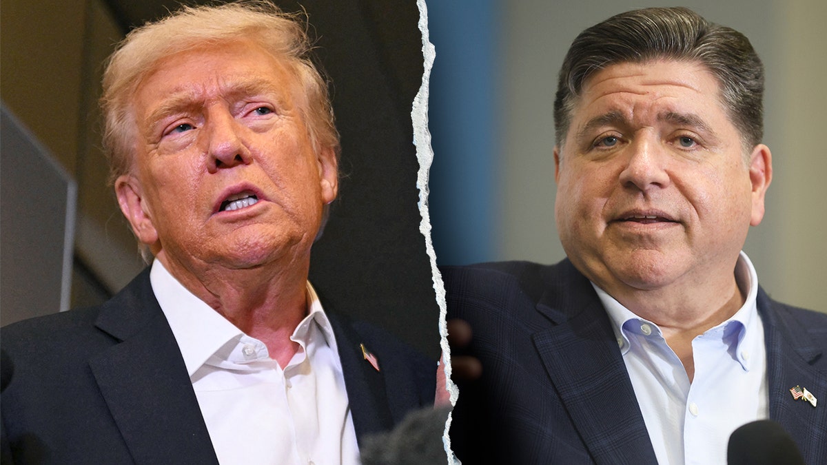 Donald Trump speaking to reporters aboard Air Force One, Illinois Gov. J.B. Pritzker speaking.