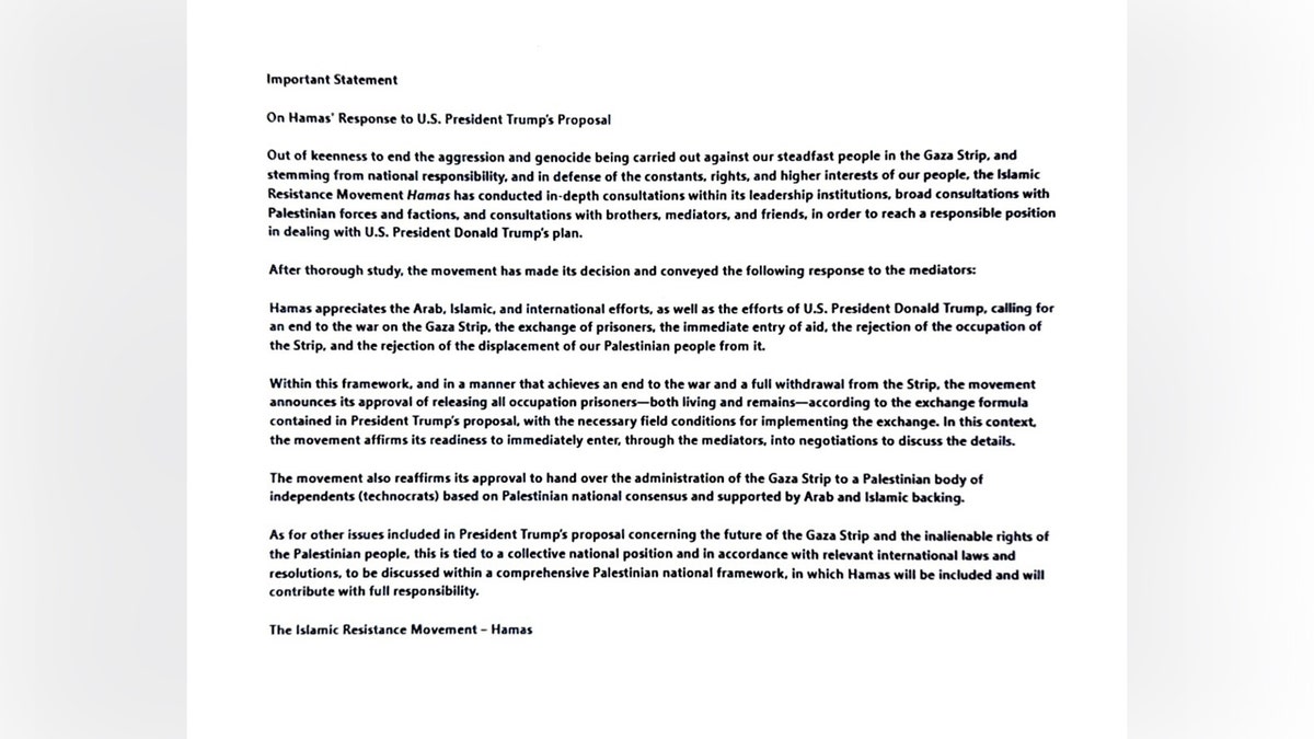 Statement from Hamas on President Donald Trump's Gaza Peace proposal Friday, Oct. 3, 2025.