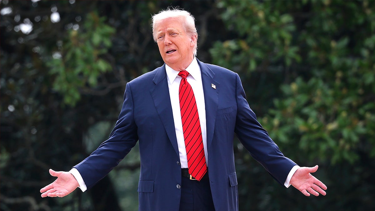 President Donald Trump gestures while speaking to reporters during a tour of the White House roof.