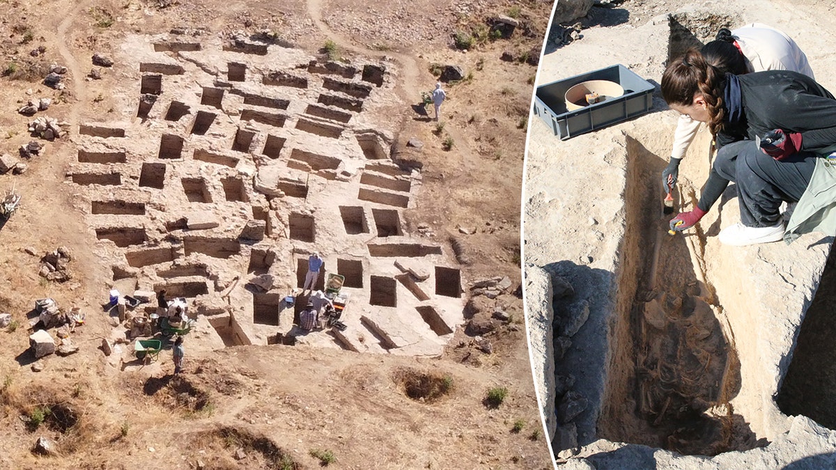Aerial view of necropolis next to archaeologist working