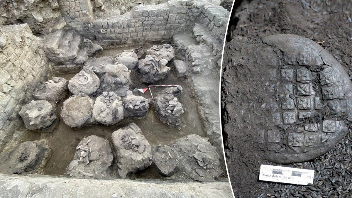 split image of excavation site and stones and ancient bread loaf