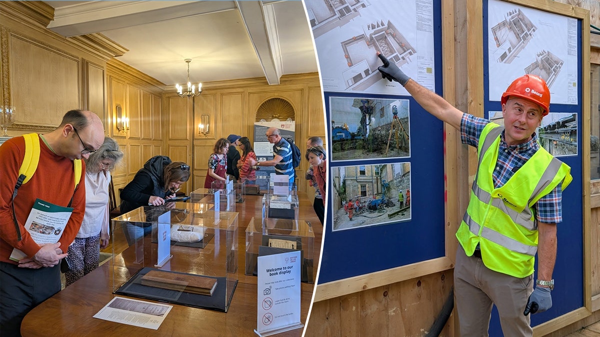Medieval halls unearthed at Oxford University reveal ancient student life 3 Split image of visitors looking at artifacts, archaeologist working