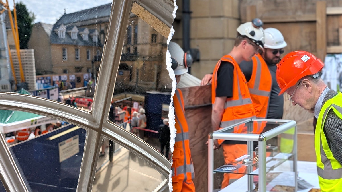 Medieval halls unearthed at Oxford University reveal ancient student life 1 Split image of window view, excavators on scene