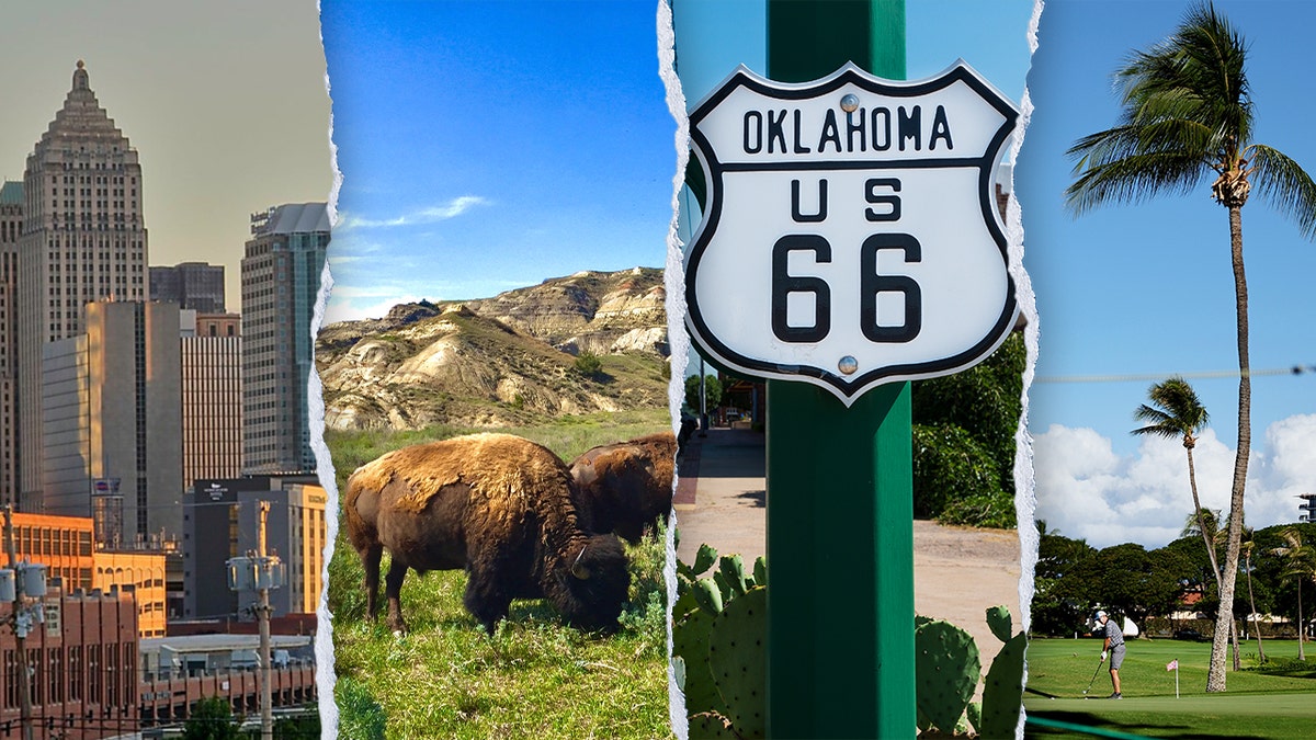A split graphic of Pittsburgh skyline, a bison in North Dakota, Route 66 Oklahoma sign and a Hawaii palm tree.