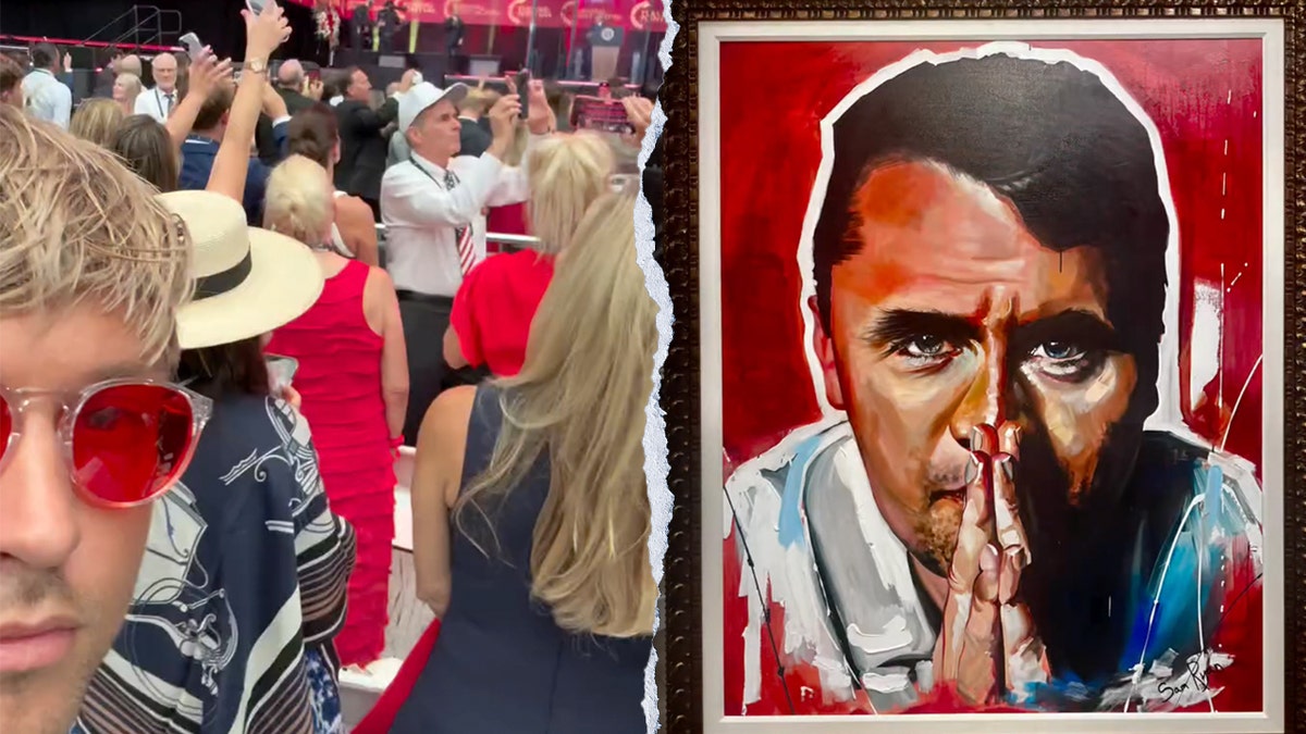 Split image of Sam at memorial, Charlie Kirk portrait.