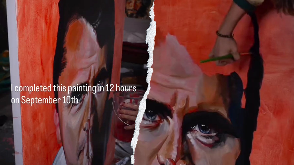 Split image of Sam Ryan painting Charlie Kirk