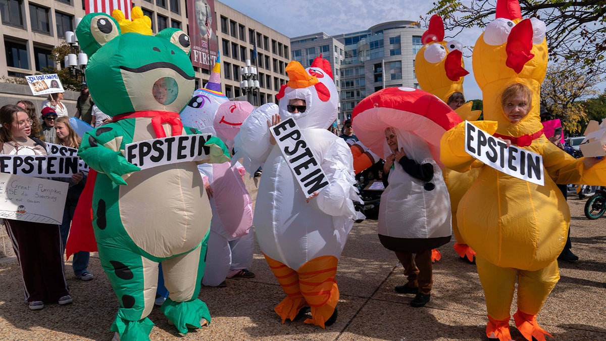 Para pengunjuk rasa yang mengenakan kostum tiup berkumpul di Pennsylvania Avenue