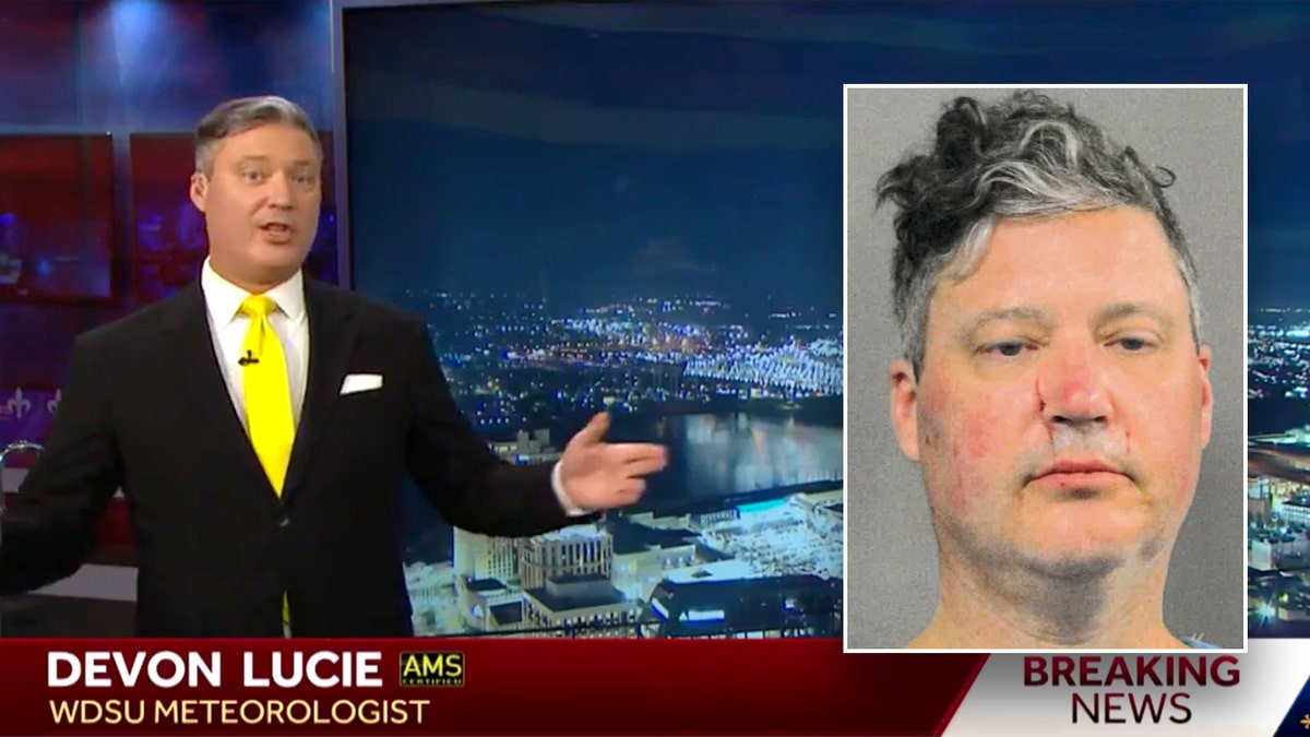 WDSU Chief Meteorologist Devon Lucie on camera (L) and his jail booking picture (R).