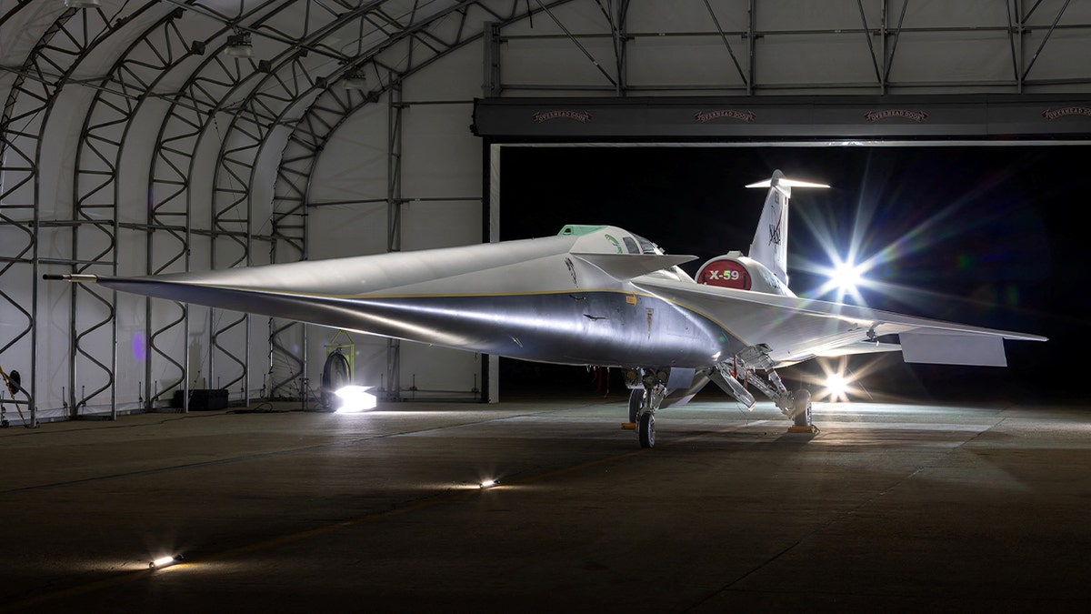 X-59 parked in a hanger
