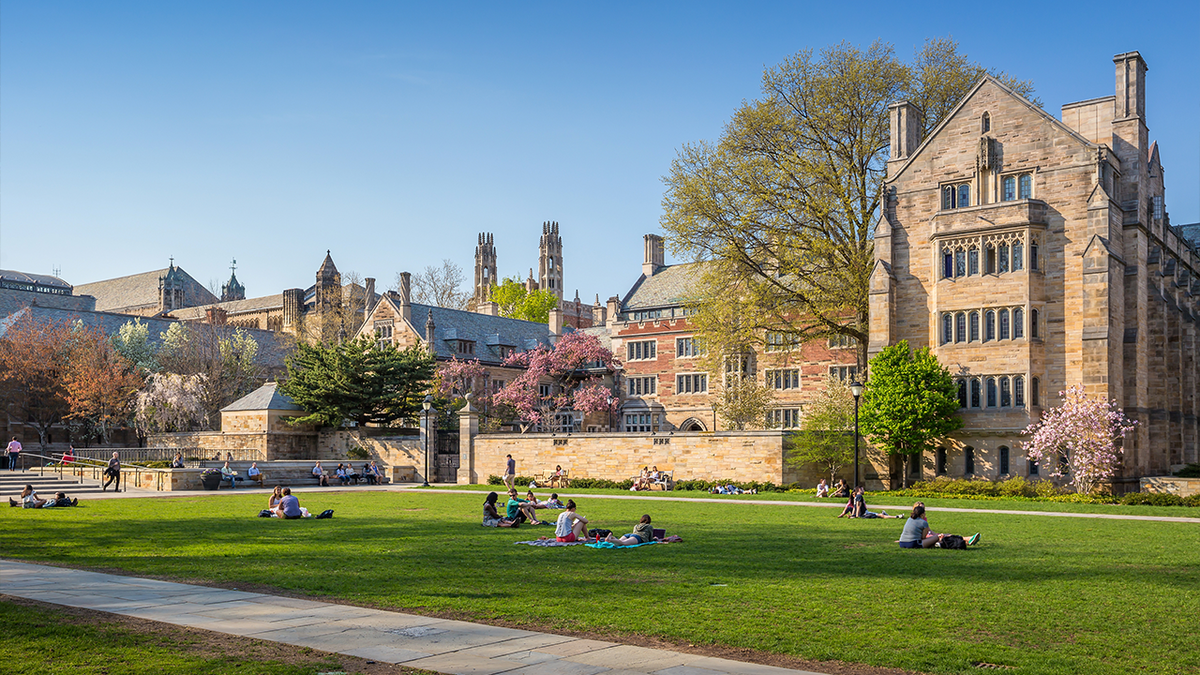 students sit in the main courtyard at Yale University, where a student fraudster posing as "Katherina Lynn" was expelled after concocting a fake origin story and academic credentials.