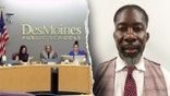 Split image of Des Moines school board meeting and Superintendent Ian Roberts.