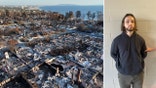 Jonathan Rinderknecht, left, next to Palisades Fire devastation